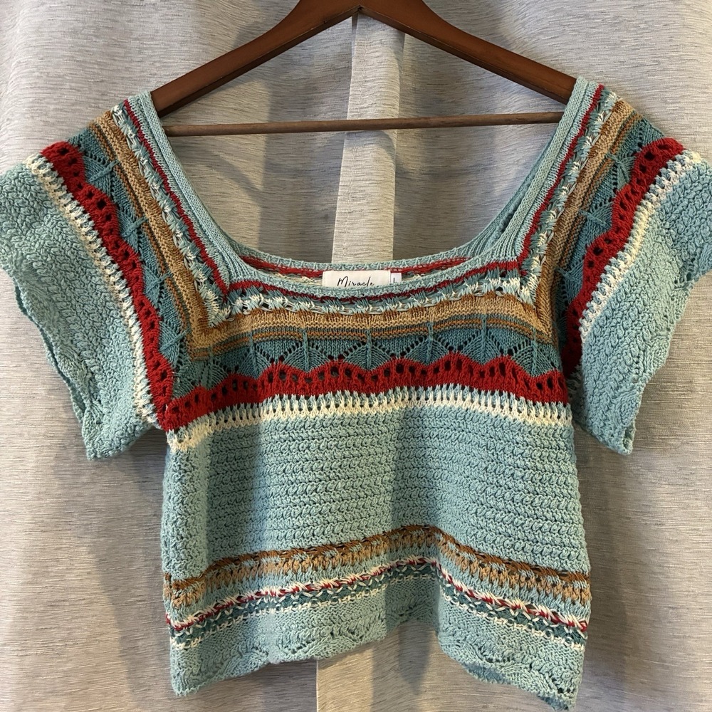 Miracle Colorful Cropped Crochet Pullover Top Sz Large - Picture 3 of 6